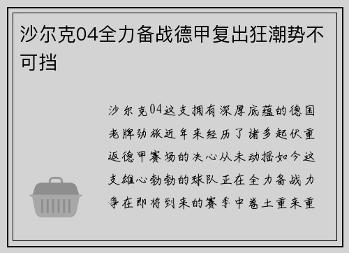 沙尔克04全力备战德甲复出狂潮势不可挡